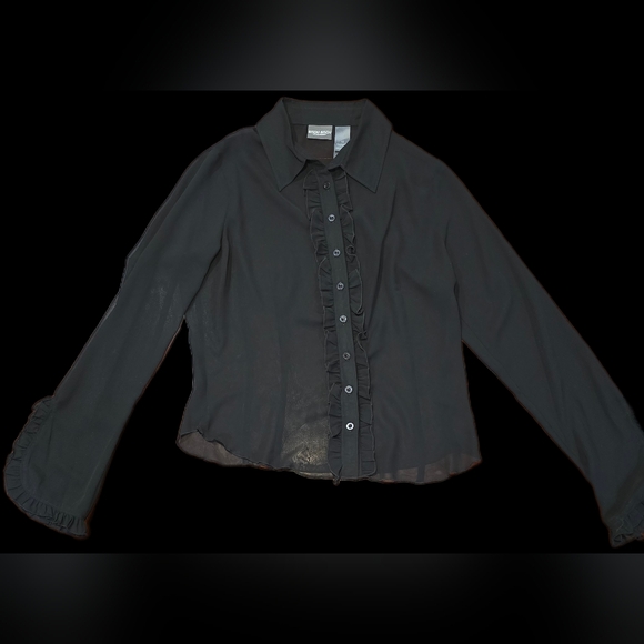 Bisou Bisou Women's black sheer long-sleeved button-up blouse W/ruffled details - Picture 3 of 5